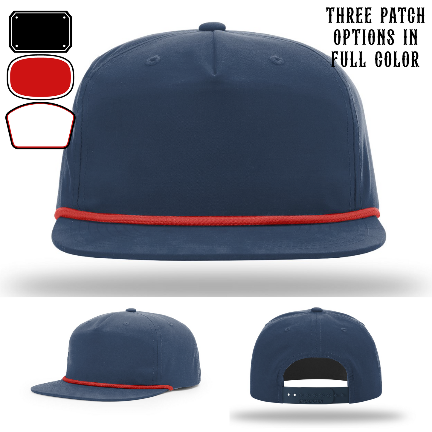 Passport-style leather patch variants shown for custom firefighter Richardson hats – variant patch layouts shown for passport series.