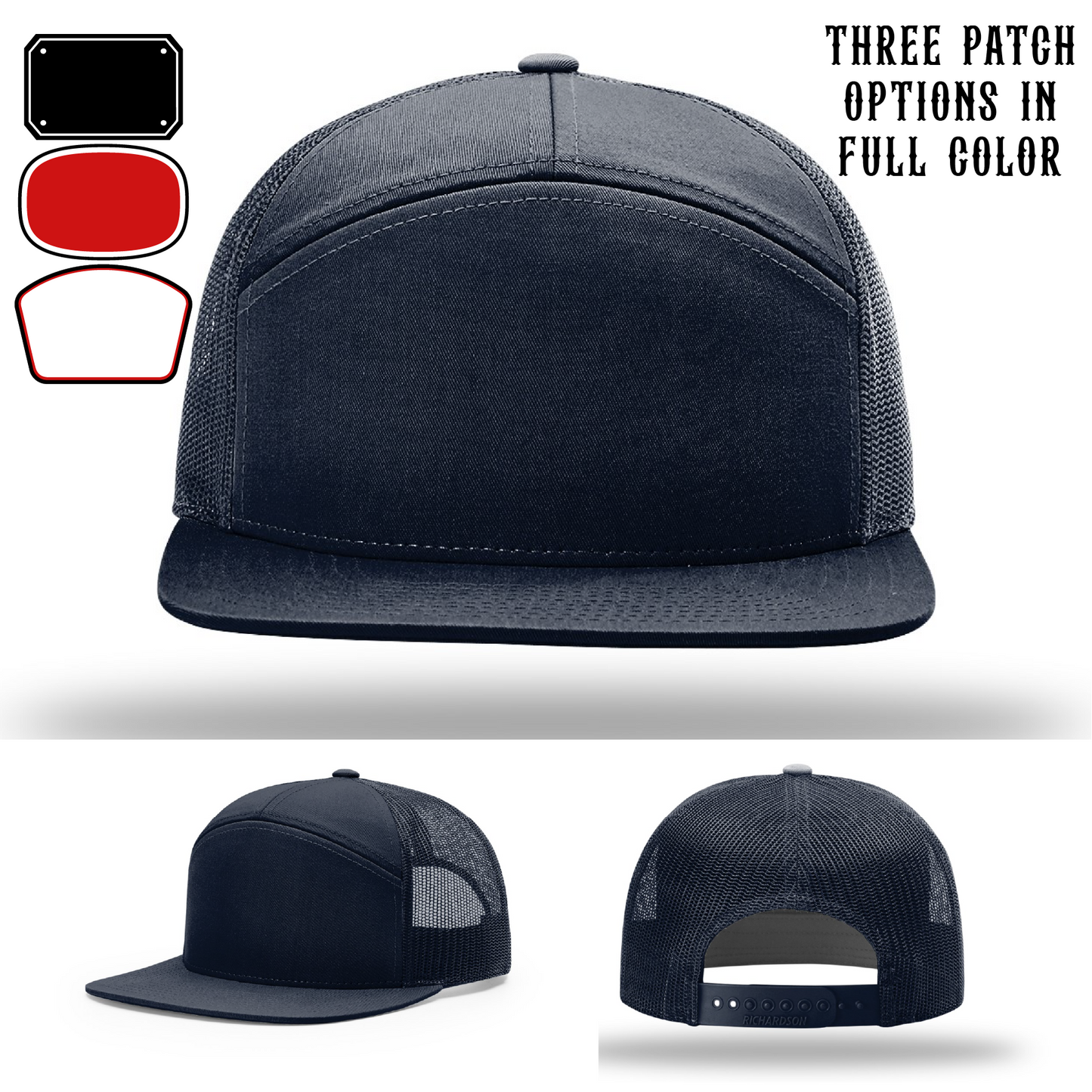 Passport-style leather patch variants shown for custom firefighter Richardson hats – Richardson patch style options for firehouses.