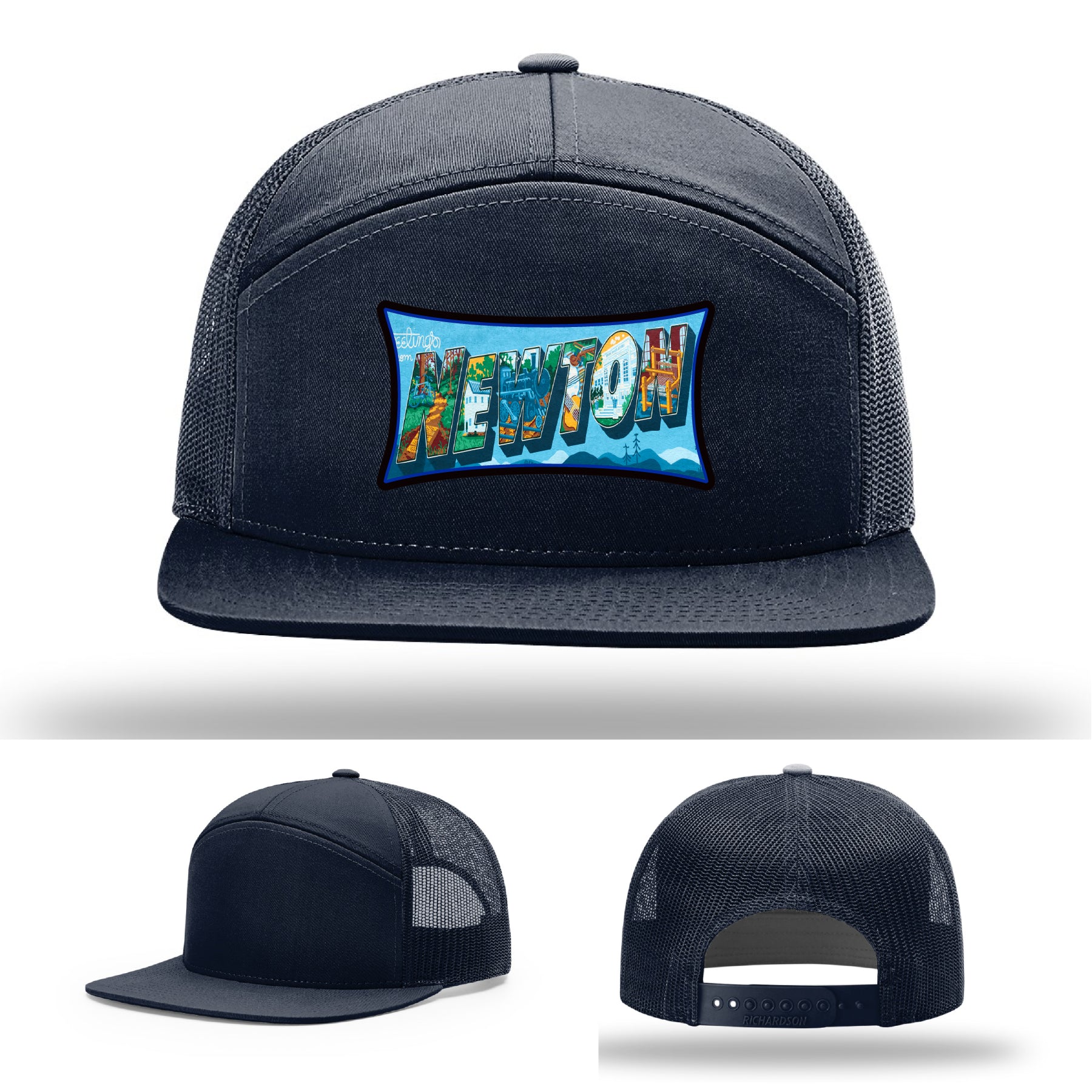 Richardson hat with leather patch featuring Newton NC mural artwork from downtown.