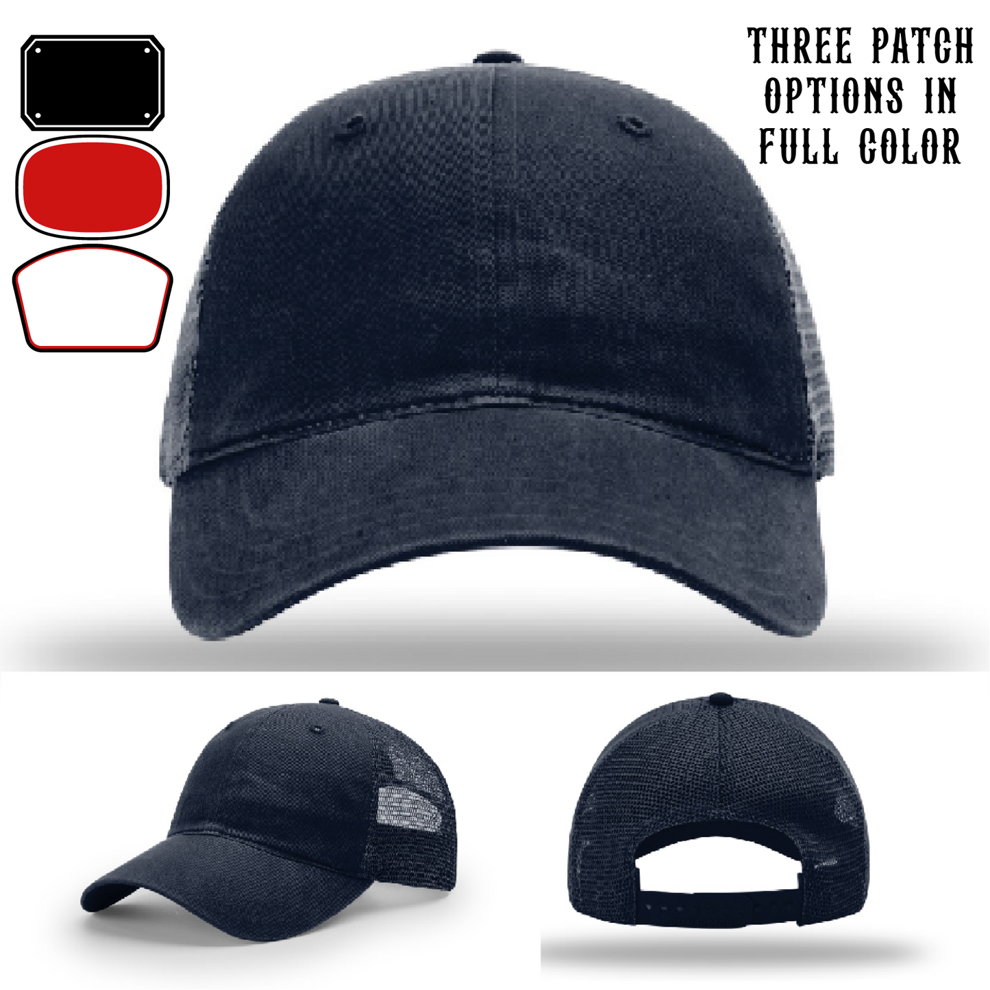 Passport-style leather patch variants shown for custom firefighter Richardson hats – passport badge variants for fire department gear.