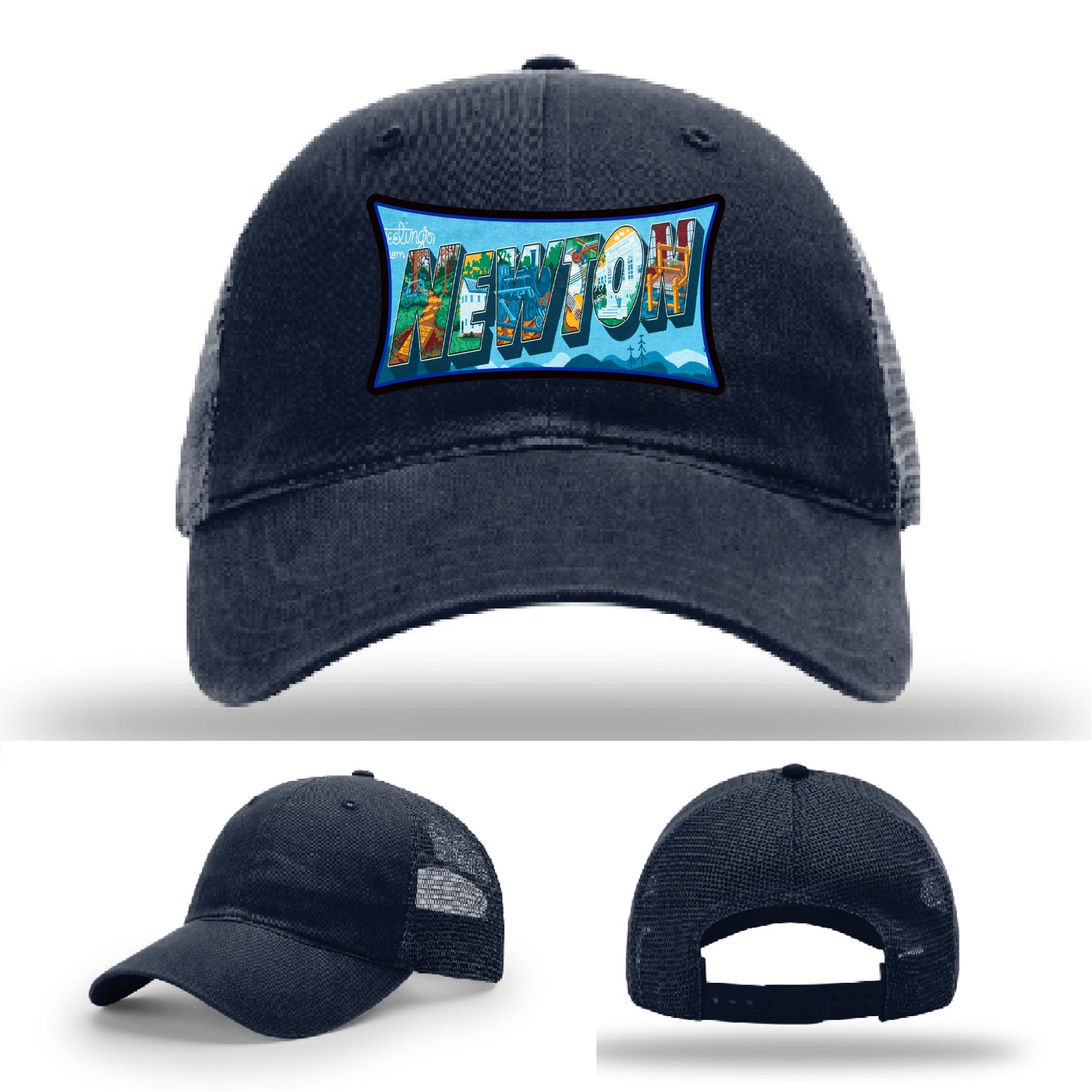 Richardson hat with leather patch featuring Newton NC mural artwork from downtown.