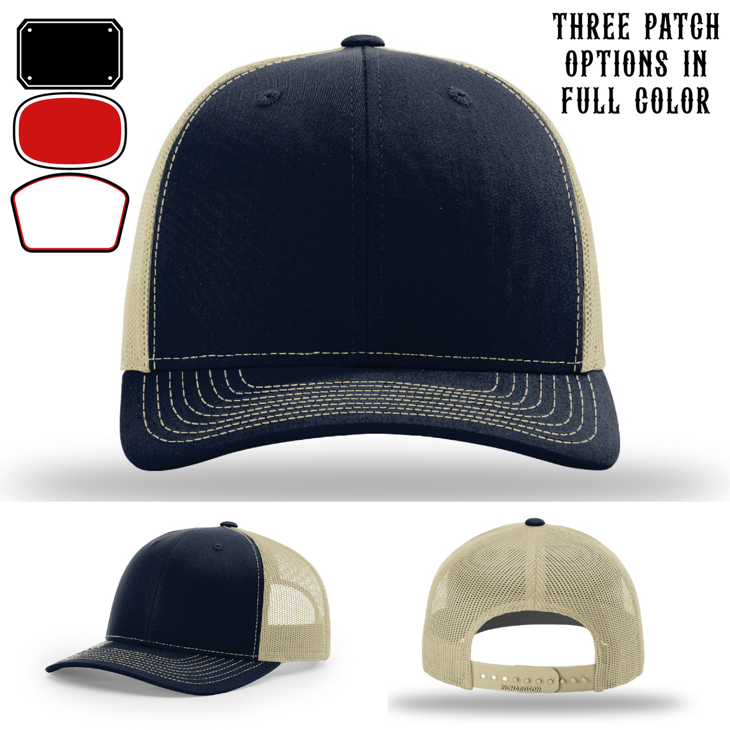 Passport-style leather patch variants shown for custom firefighter Richardson hats – custom fire patch layouts on Richardson display.