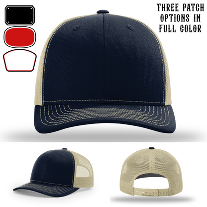 Passport-style leather patch variants shown for custom firefighter Richardson hats – custom fire patch layouts on Richardson display.