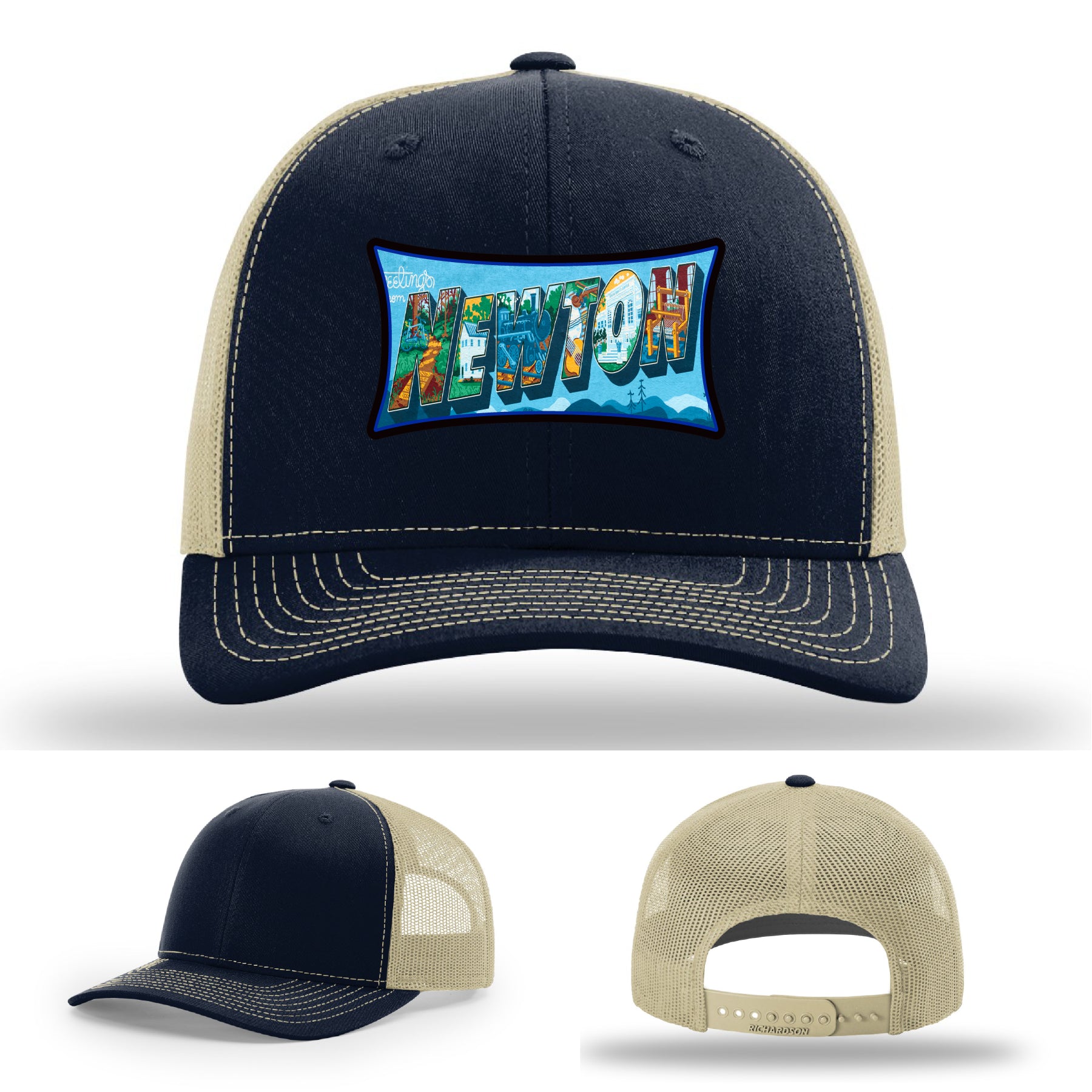 Richardson hat with leather patch featuring Newton NC mural artwork from downtown.