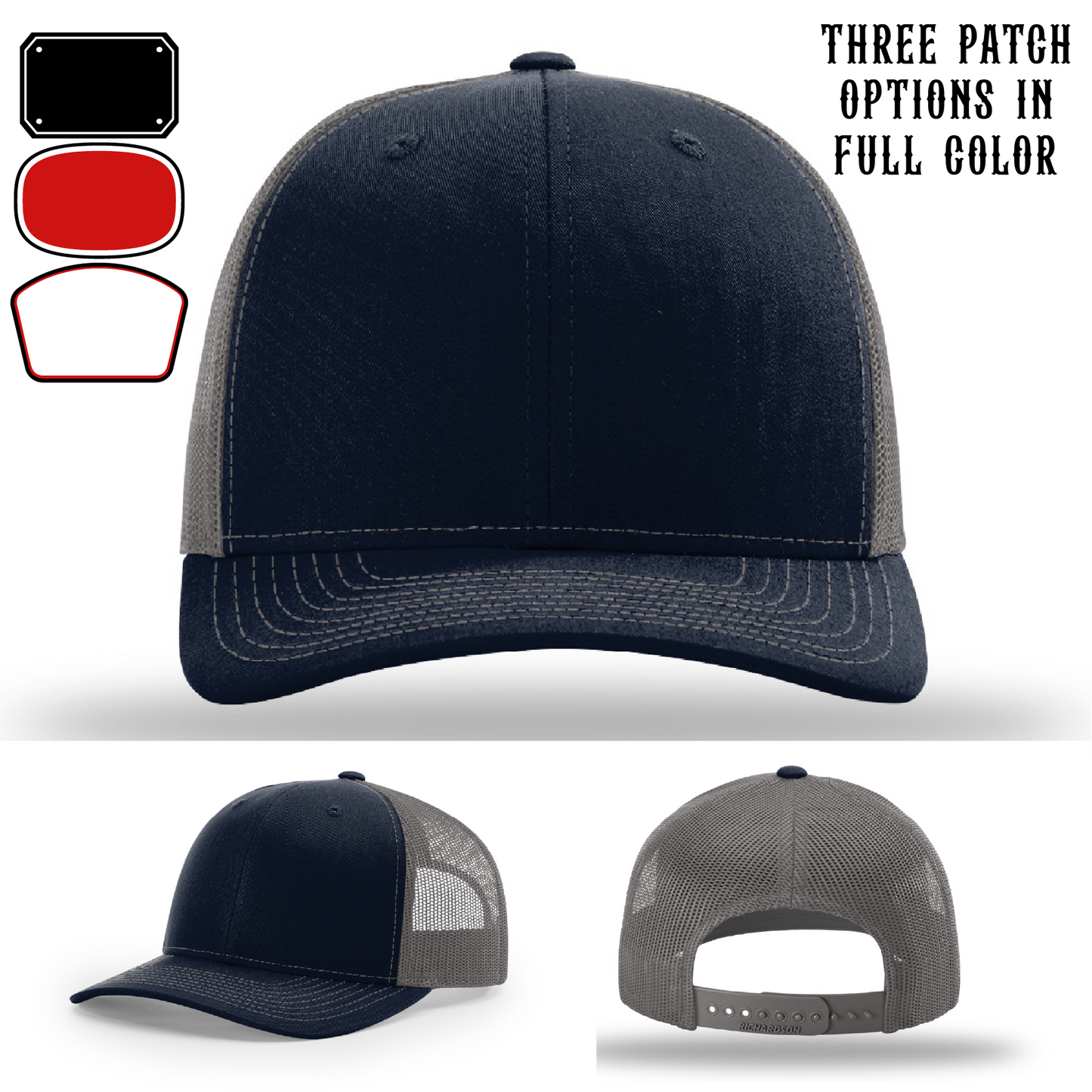 Passport-style leather patch variants shown for custom firefighter Richardson hats – fire patch options in travel-inspired format.
