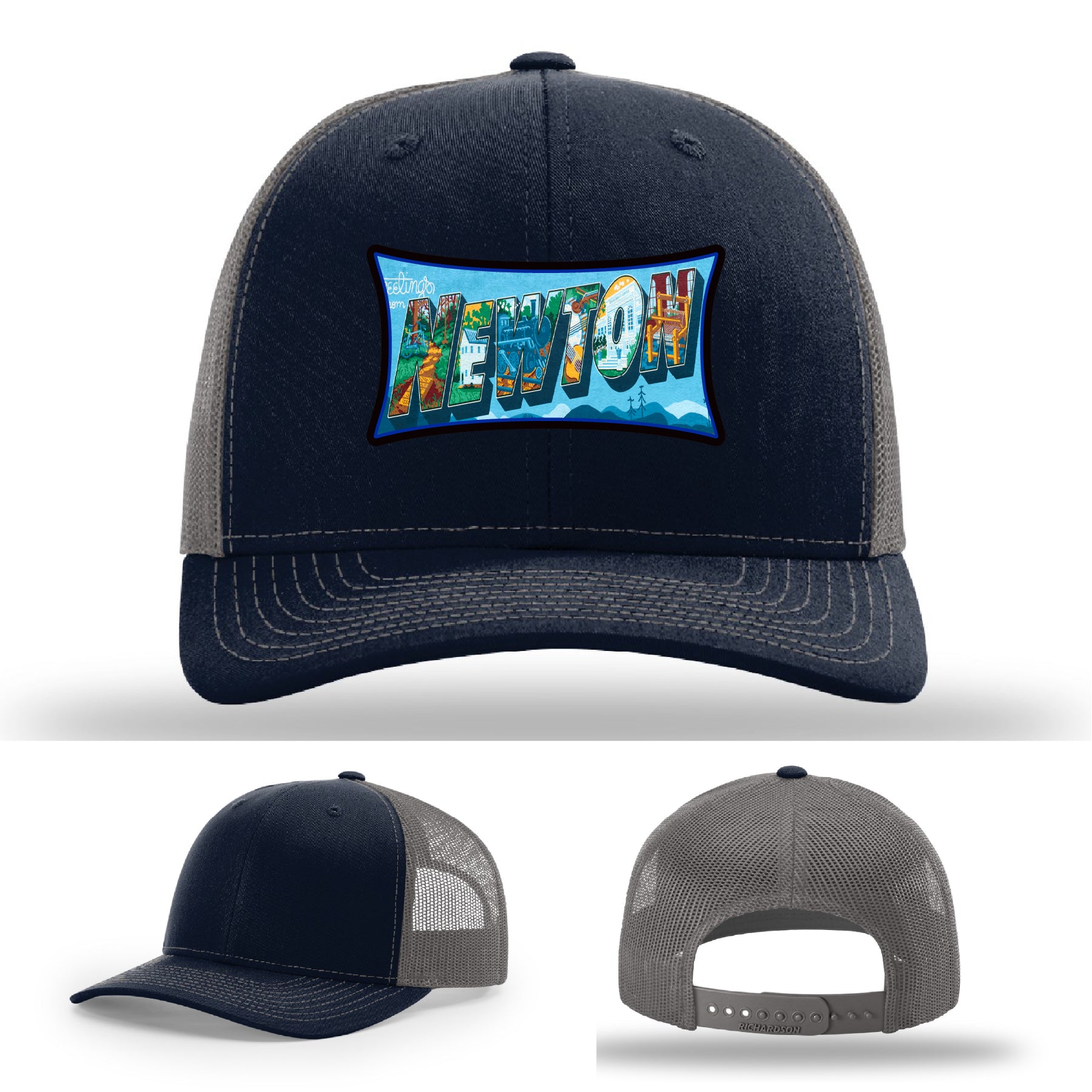 Richardson hat with leather patch featuring Newton NC mural artwork from downtown.