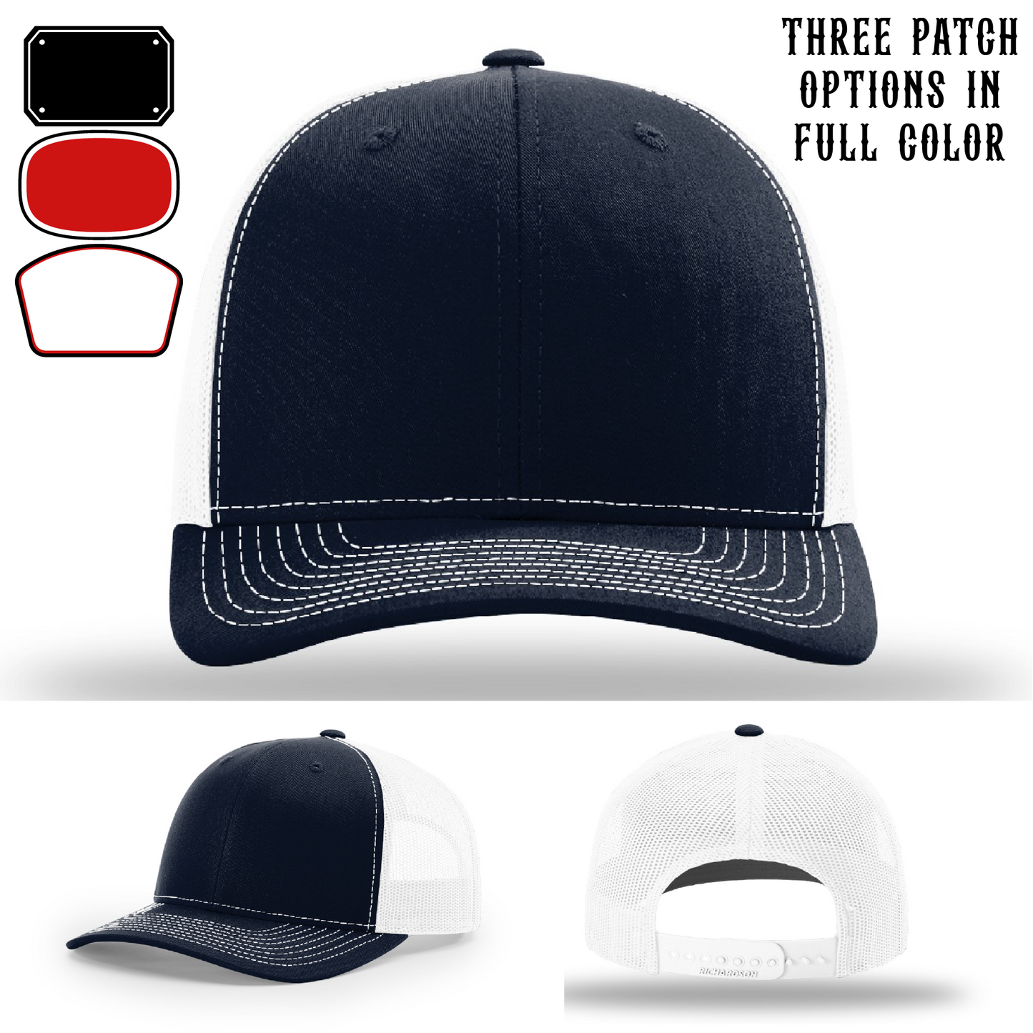 Passport-style leather patch variants shown for custom firefighter Richardson hats – fire station customization layouts previewed.