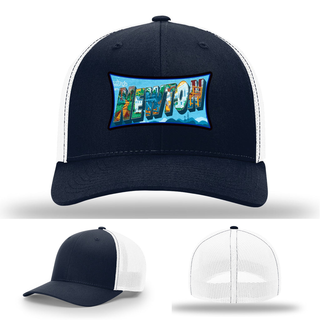 Richardson hat with leather patch featuring Newton NC mural artwork from downtown.