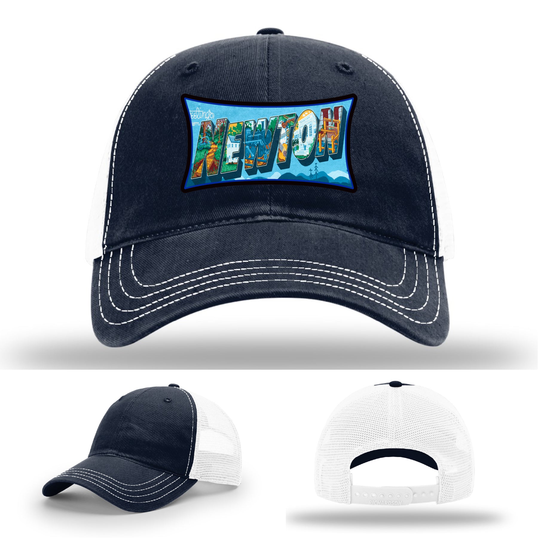 Richardson hat with leather patch featuring Newton NC mural artwork from downtown.