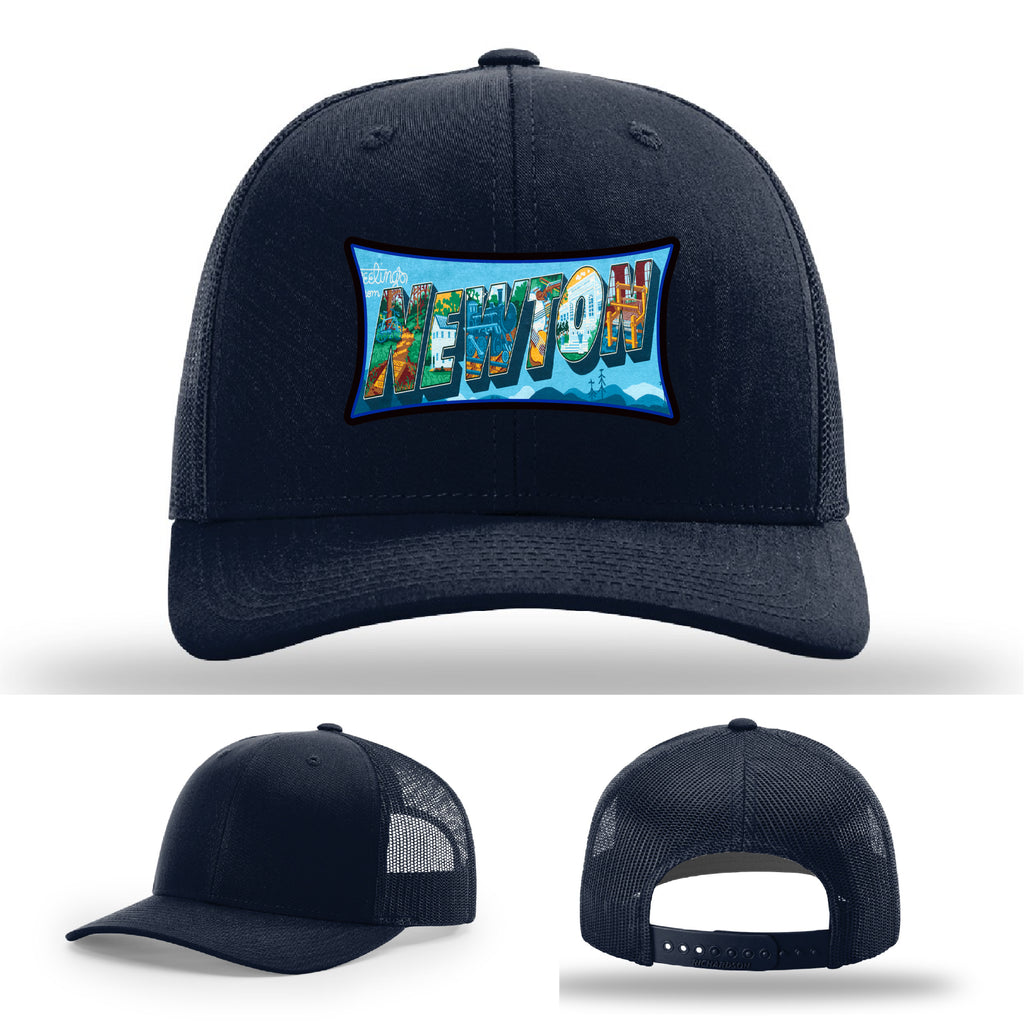 Richardson hat with leather patch featuring Newton NC mural artwork from downtown.