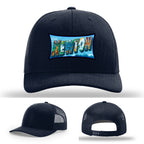 Richardson hat with leather patch featuring Newton NC mural artwork from downtown.