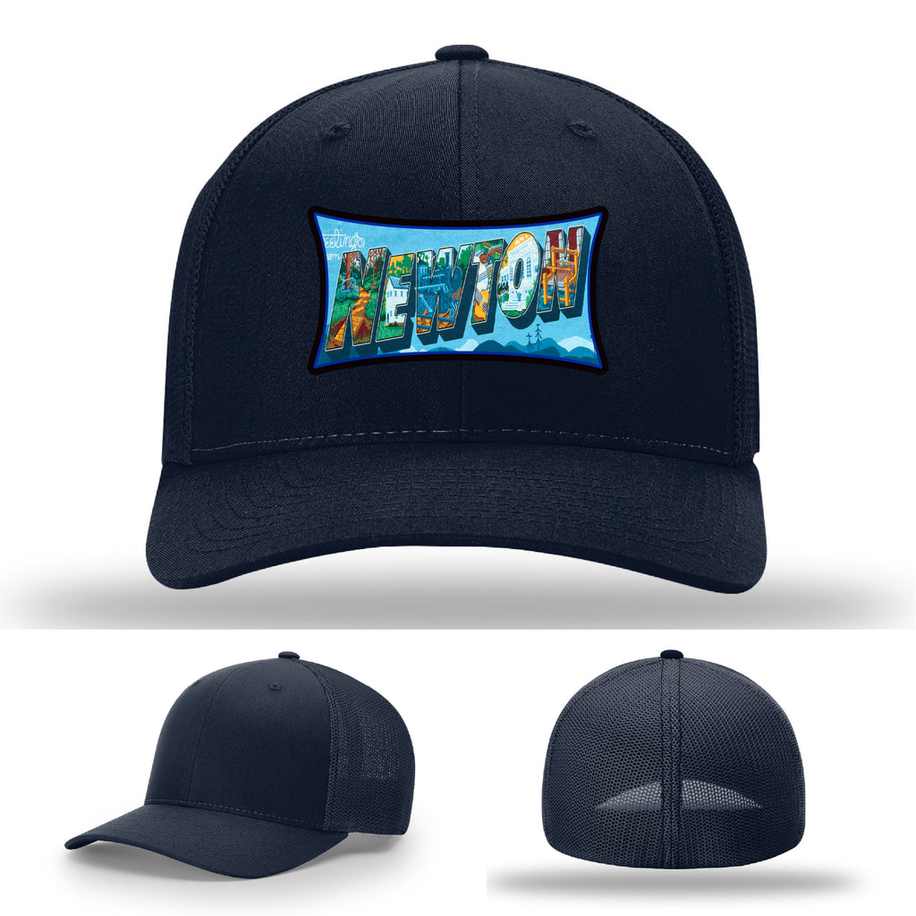 Richardson hat with leather patch featuring Newton NC mural artwork from downtown.