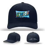 Richardson hat with leather patch featuring Newton NC mural artwork from downtown.
