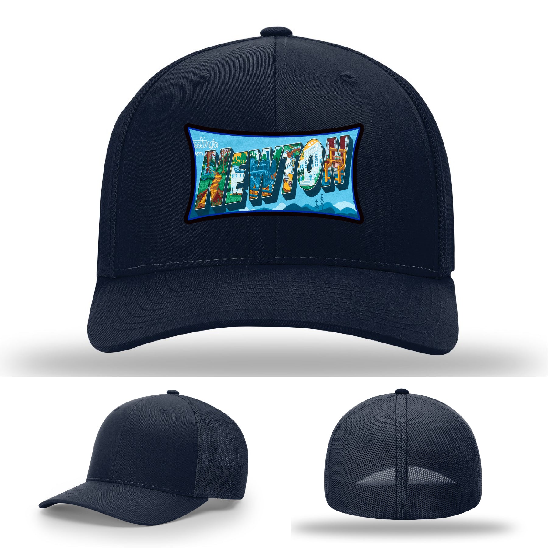 Richardson hat with leather patch featuring Newton NC mural artwork from downtown.