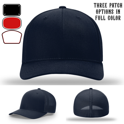 Passport-style leather patch variants shown for custom firefighter Richardson hats – patch shape examples for travel-themed hats.