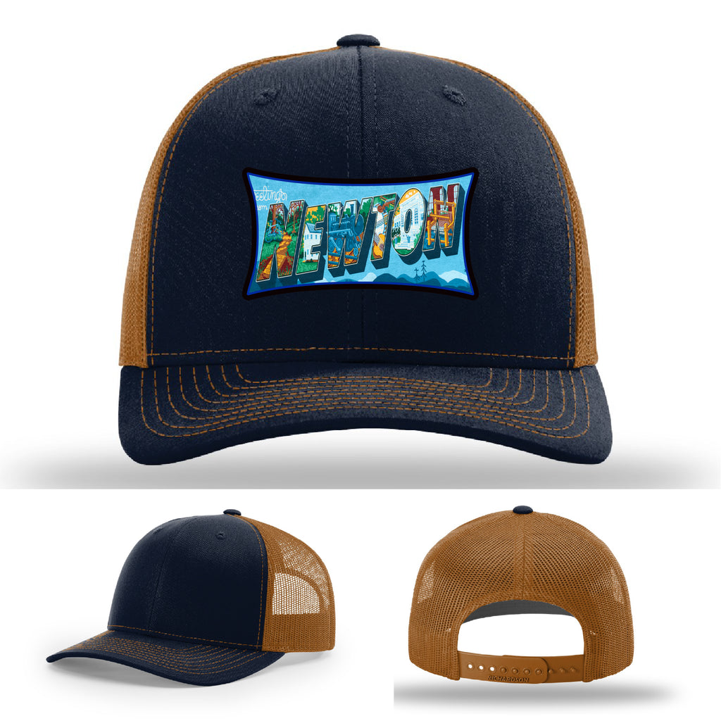 Richardson hat with leather patch featuring Newton NC mural artwork from downtown.
