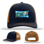 Richardson hat with leather patch featuring Newton NC mural artwork from downtown.