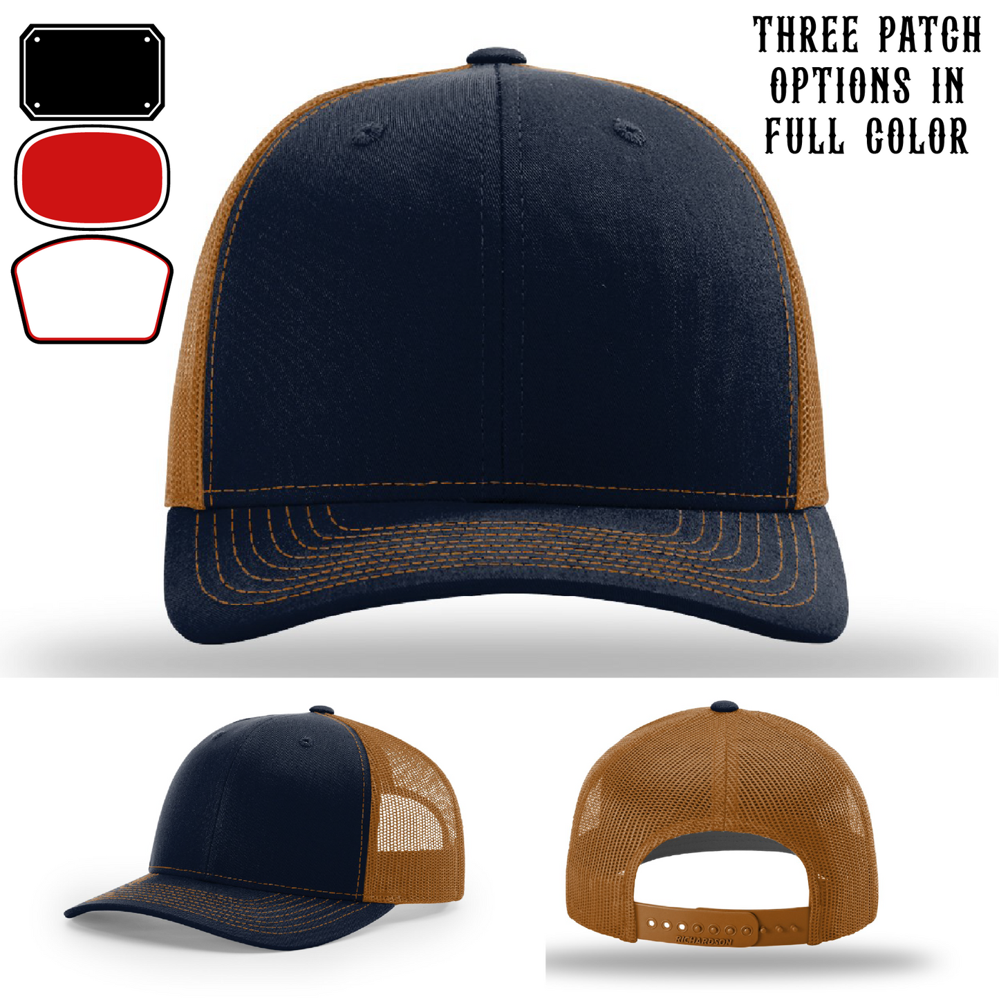 Passport-style leather patch variants shown for custom firefighter Richardson hats – variant shapes preview for department patches.