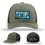 Richardson hat with leather patch featuring Newton NC mural artwork from downtown.