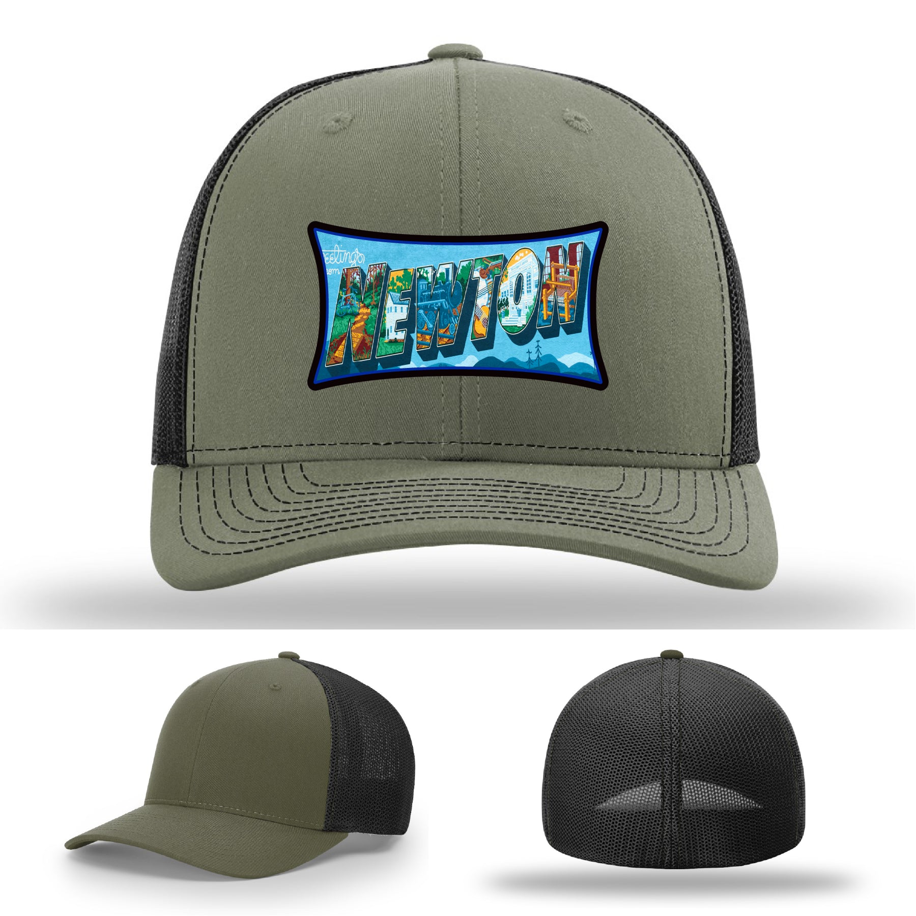 Richardson hat with leather patch featuring Newton NC mural artwork from downtown.