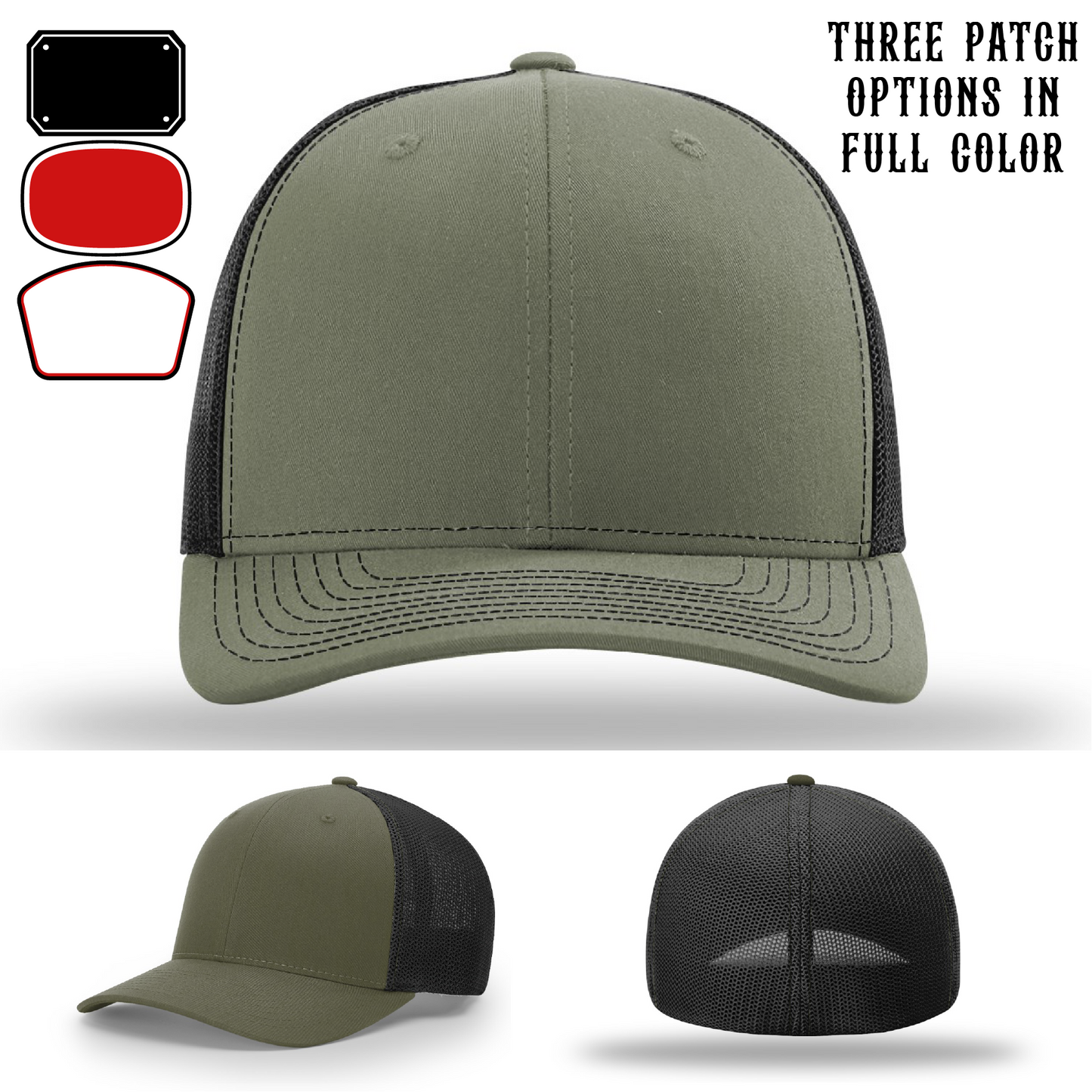 Passport-style leather patch variants shown for custom firefighter Richardson hats – station pride patch styles in passport theme.