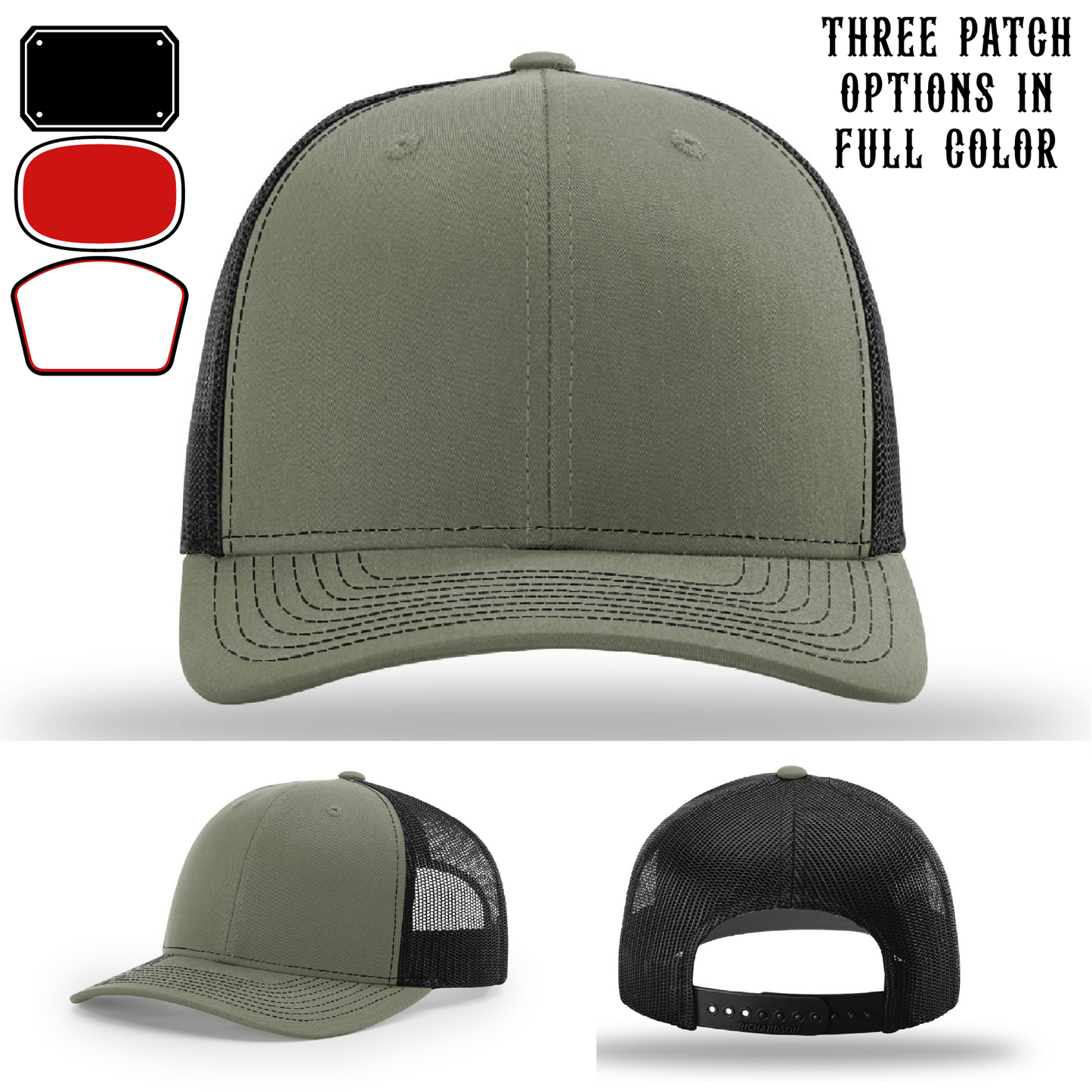 Passport-style leather patch variants shown for custom firefighter Richardson hats – multiple patch configurations for fire crews.