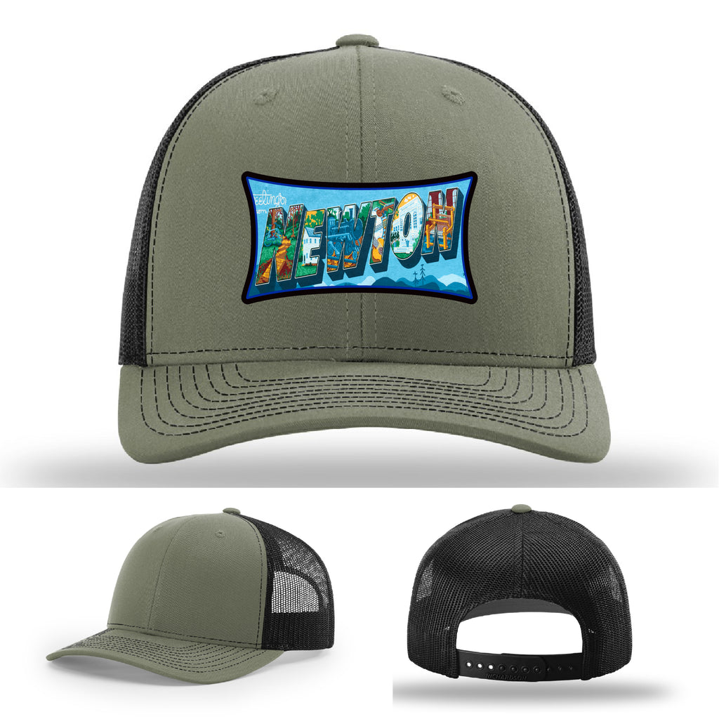 Richardson hat with leather patch featuring Newton NC mural artwork from downtown.