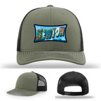 Richardson hat with leather patch featuring Newton NC mural artwork from downtown.