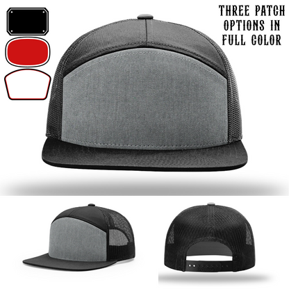 Passport-style leather patch variants shown for custom firefighter Richardson hats – sample layouts for passport-style patch shapes.
