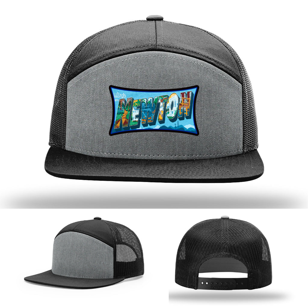 Richardson hat with leather patch featuring Newton NC mural artwork from downtown.