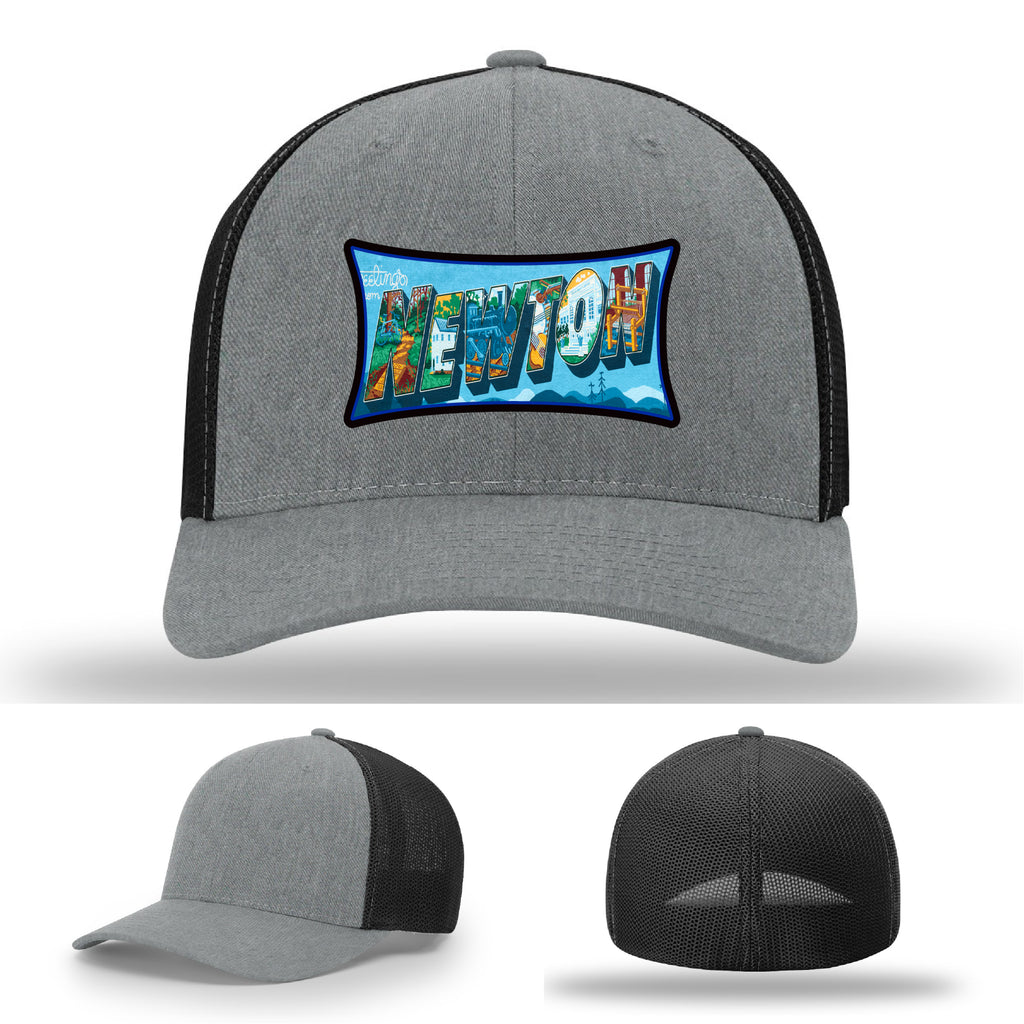 Richardson hat with leather patch featuring Newton NC mural artwork from downtown.