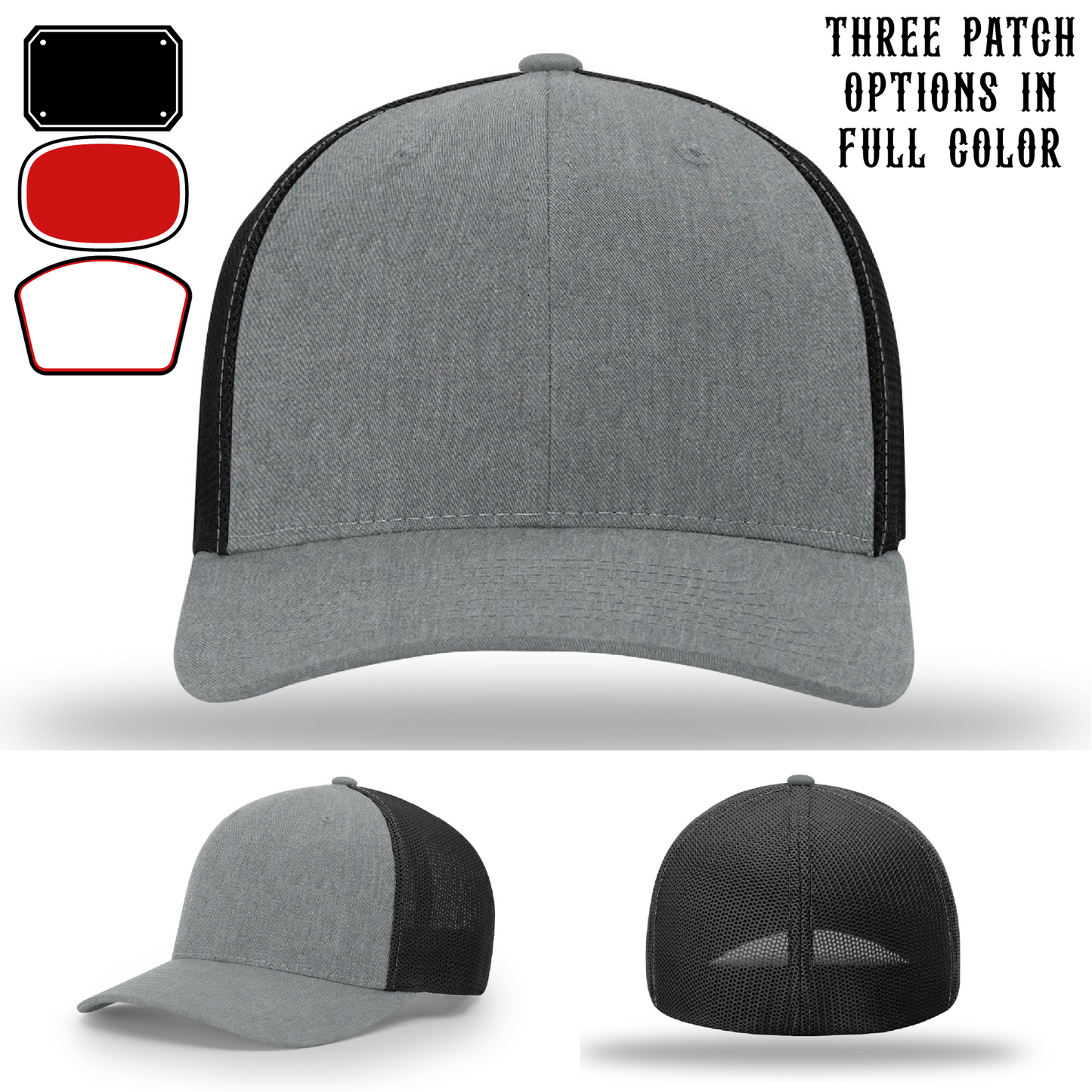 Passport-style leather patch variants shown for custom firefighter Richardson hats – Richardson example of passport patch variants.