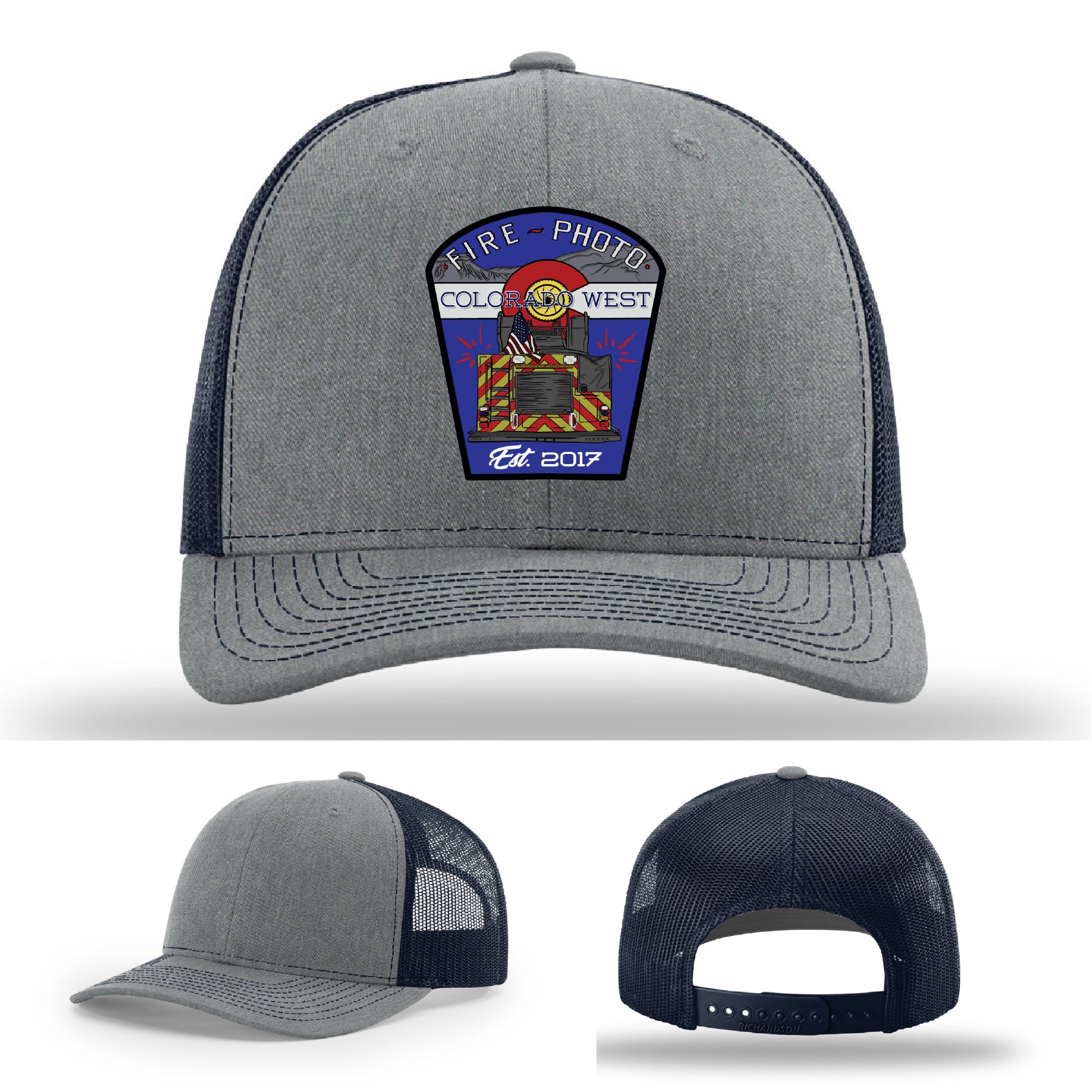 Custom leather firefighter hat showing patriotic fire helmet and hose layout – leather patch firefighter hat