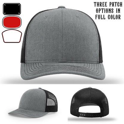 Passport-style leather patch variants shown for custom firefighter Richardson hats – fire gear preview showing passport patch options.