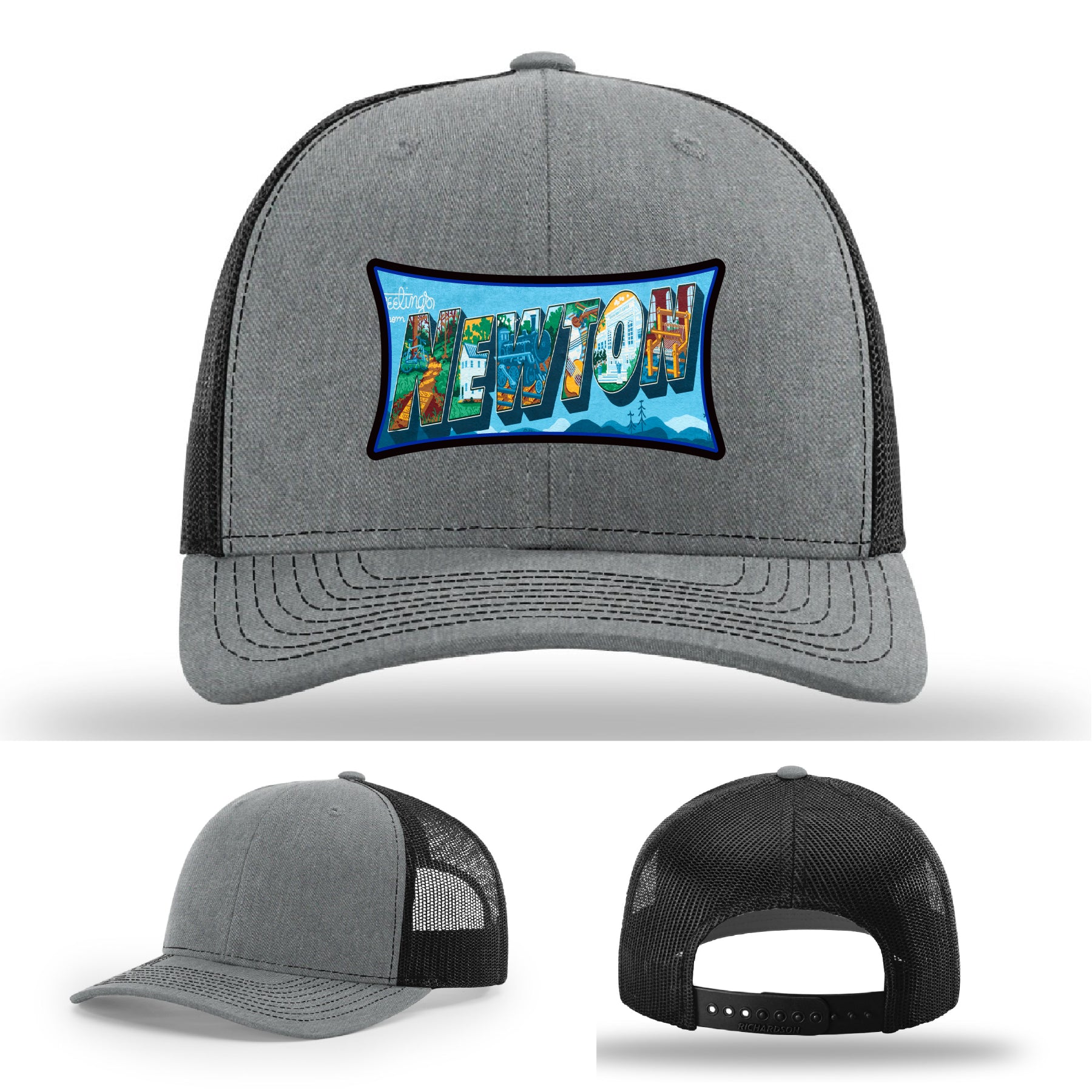 Richardson hat with leather patch featuring Newton NC mural artwork from downtown.