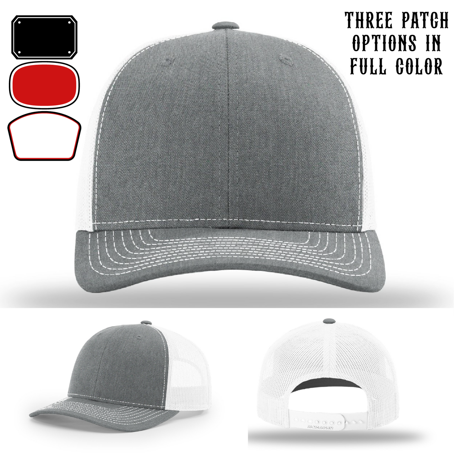 Passport-style leather patch variants shown for custom firefighter Richardson hats – variant visual for station travel patch designs.