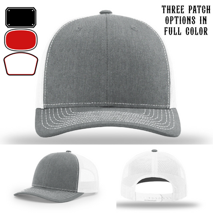 Passport-style leather patch variants shown for custom firefighter Richardson hats – variant visual for station travel patch designs.