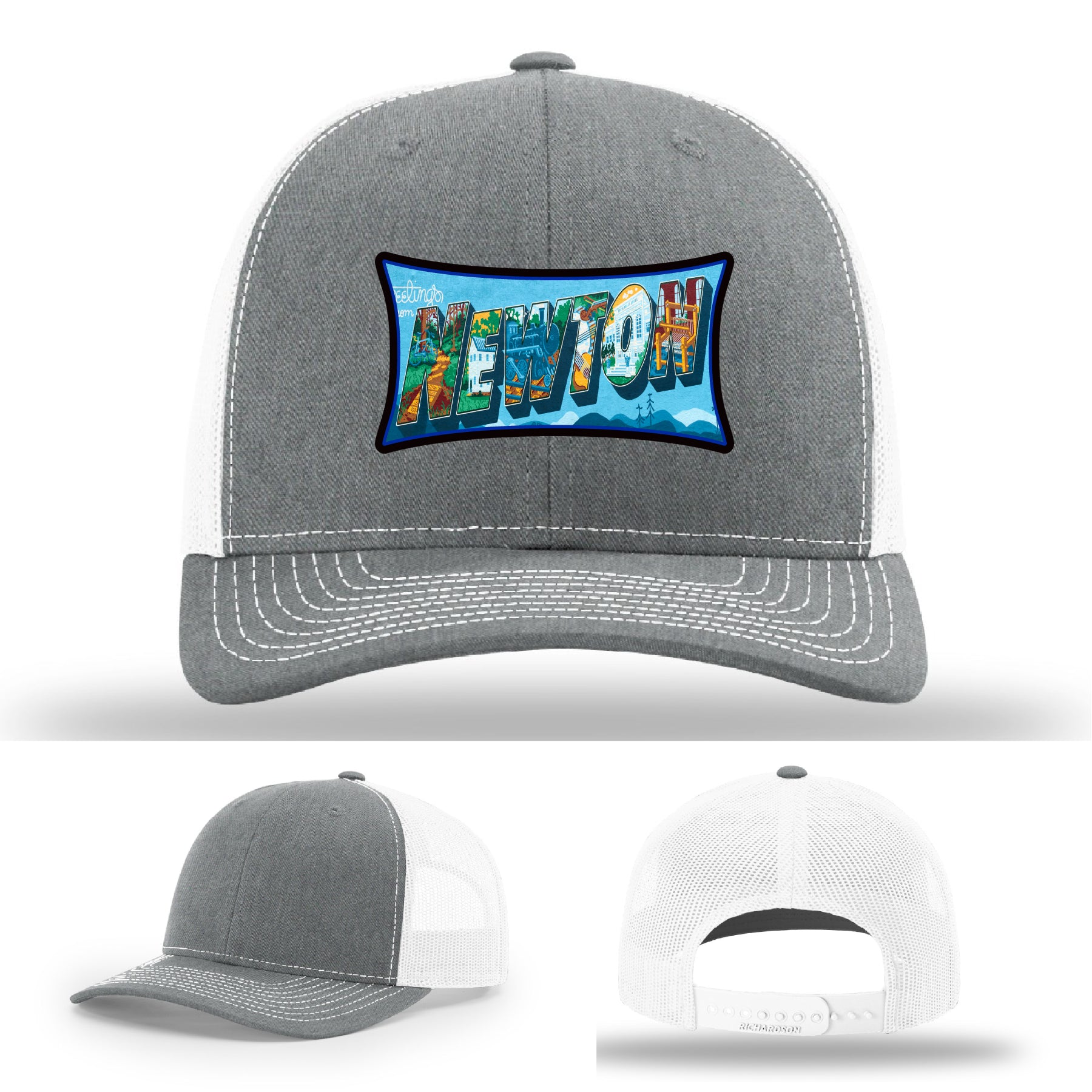 Richardson hat with leather patch featuring Newton NC mural artwork from downtown.