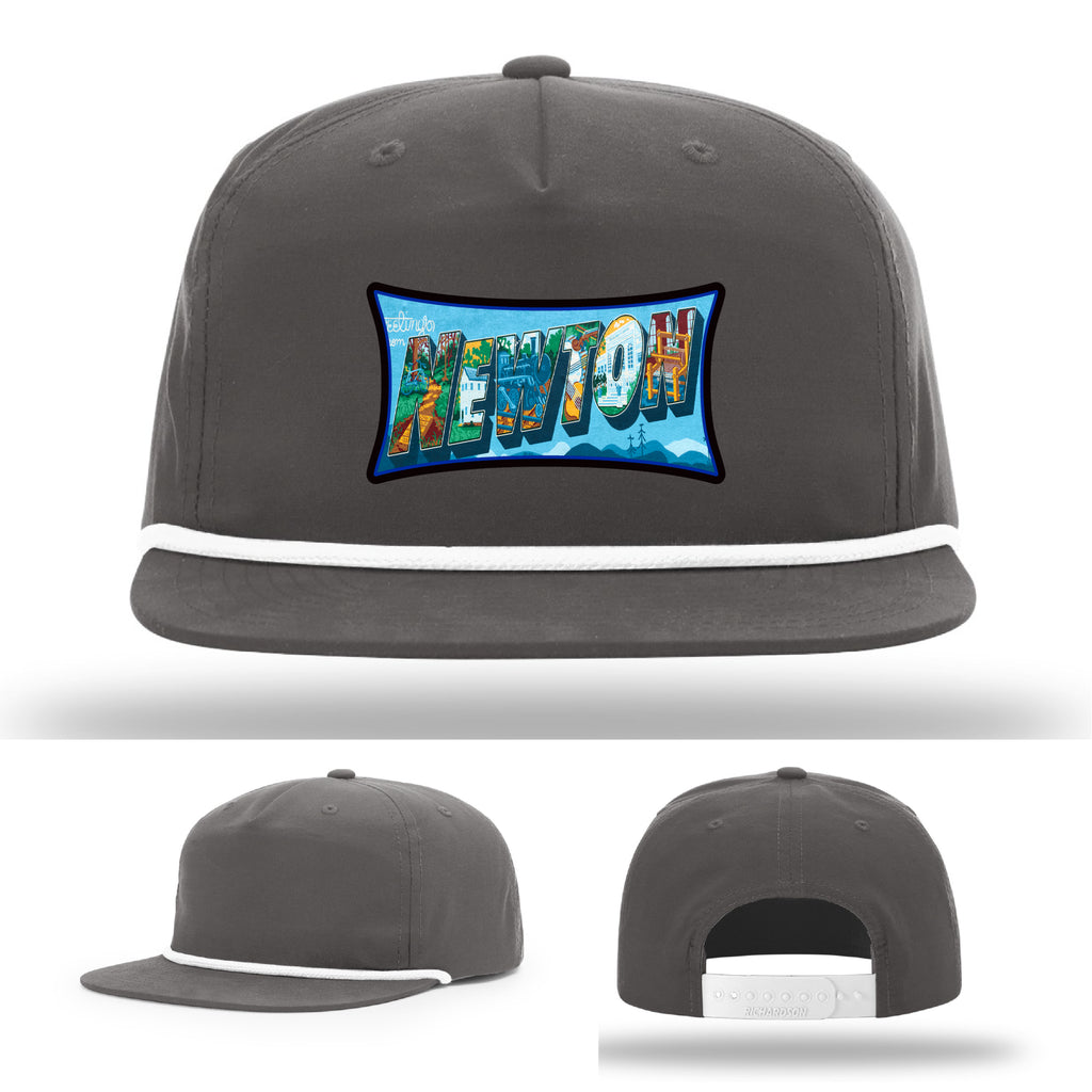 Richardson hat with leather patch featuring Newton NC mural artwork from downtown.