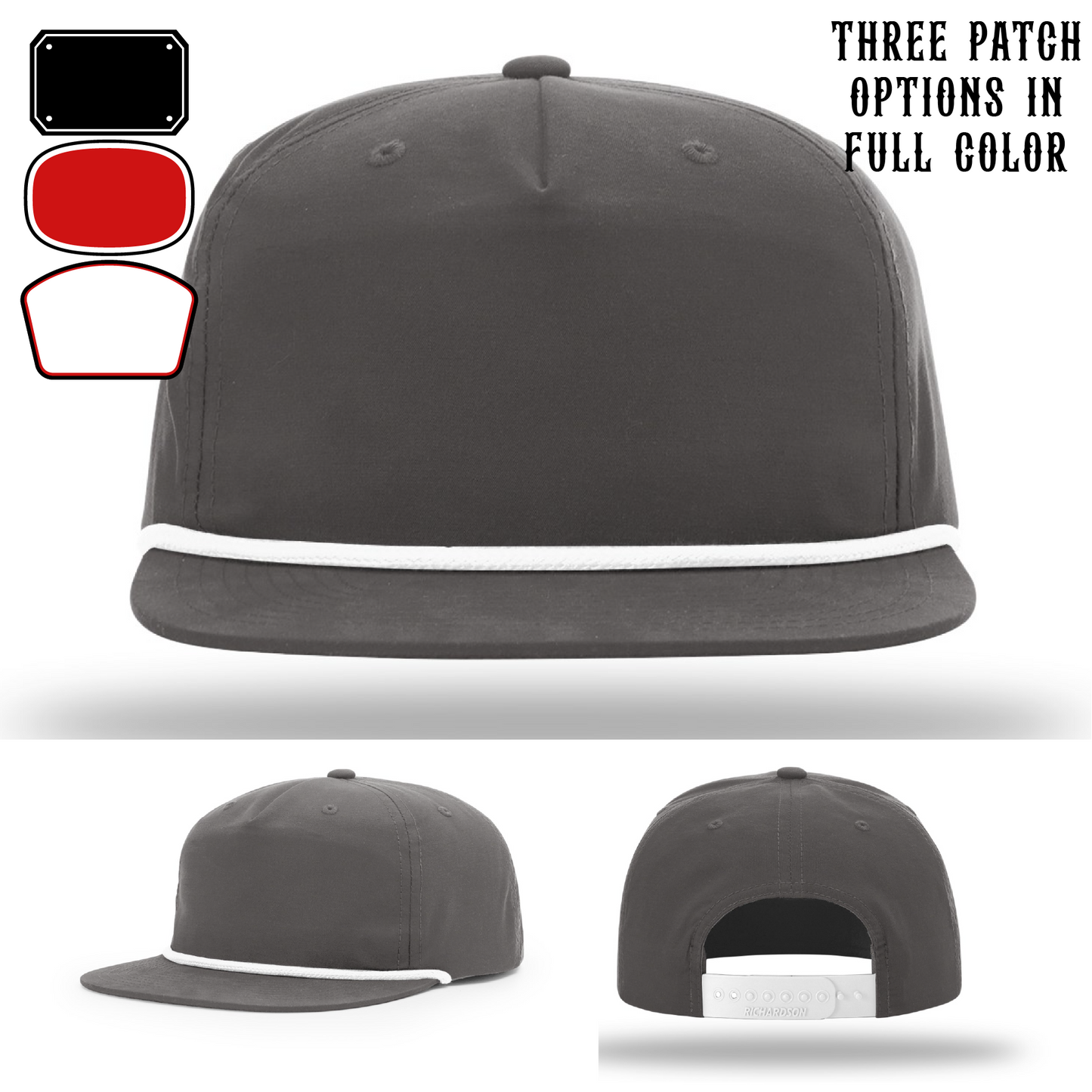 Passport-style leather patch variants shown for custom firefighter Richardson hats – Richardson hat variants with custom passport shapes.