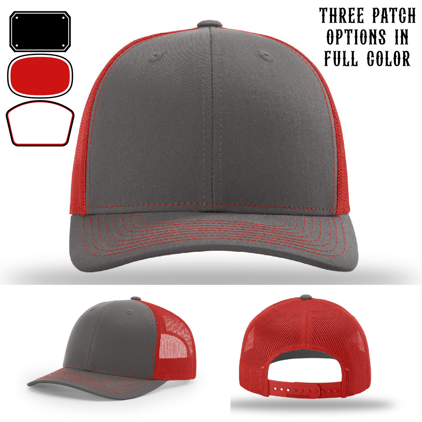 Passport-style leather patch variants shown for custom firefighter Richardson hats – options for customizing passport leather patches.