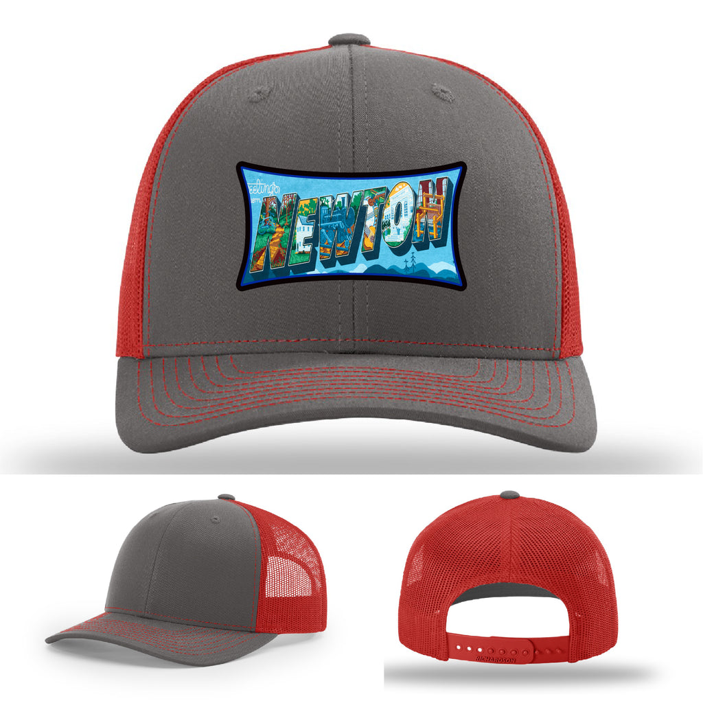Richardson hat with leather patch featuring Newton NC mural artwork from downtown.