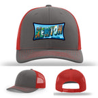 Richardson hat with leather patch featuring Newton NC mural artwork from downtown.