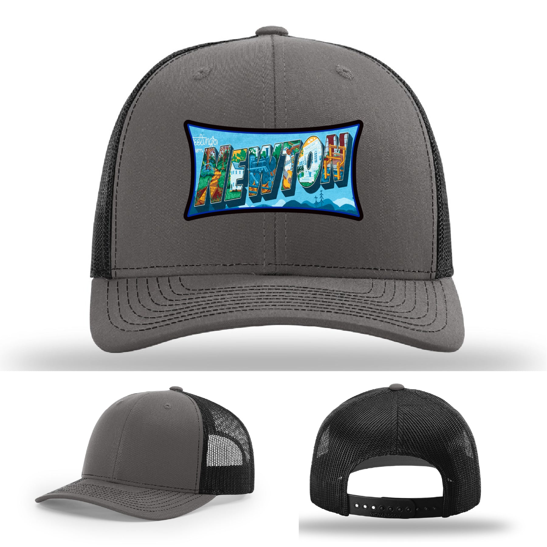 Richardson hat with leather patch featuring Newton NC mural artwork from downtown.