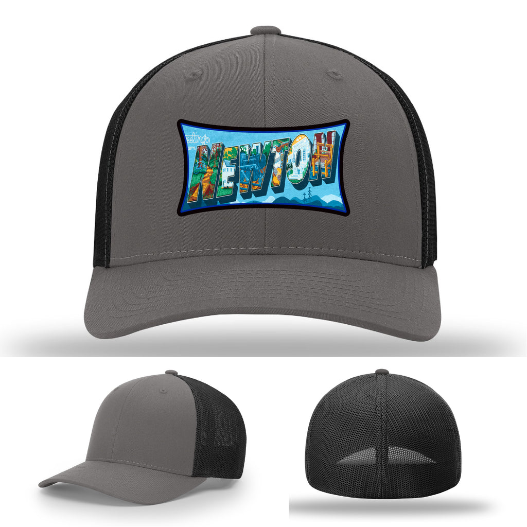 Richardson hat with leather patch featuring Newton NC mural artwork from downtown.