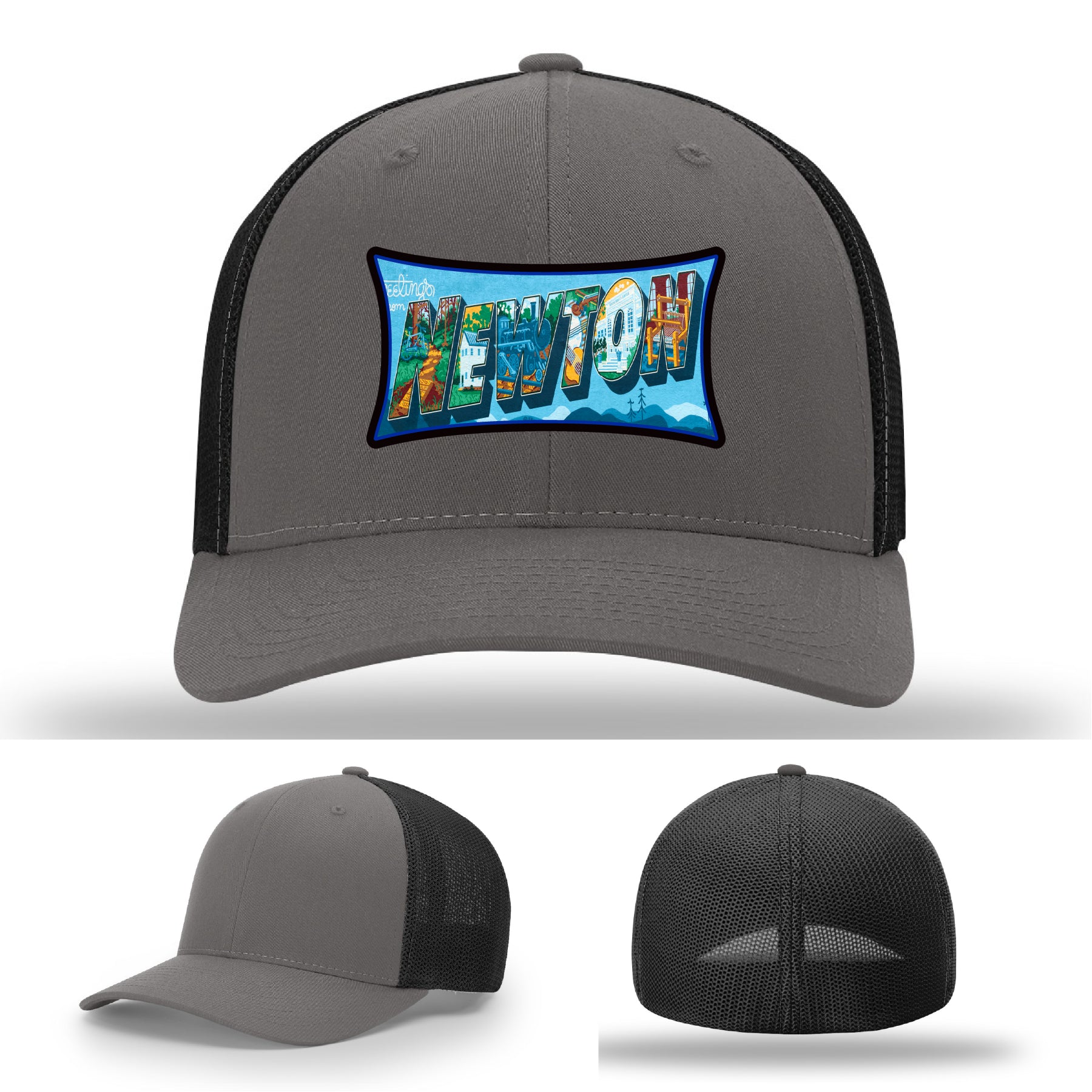 Richardson hat with leather patch featuring Newton NC mural artwork from downtown.