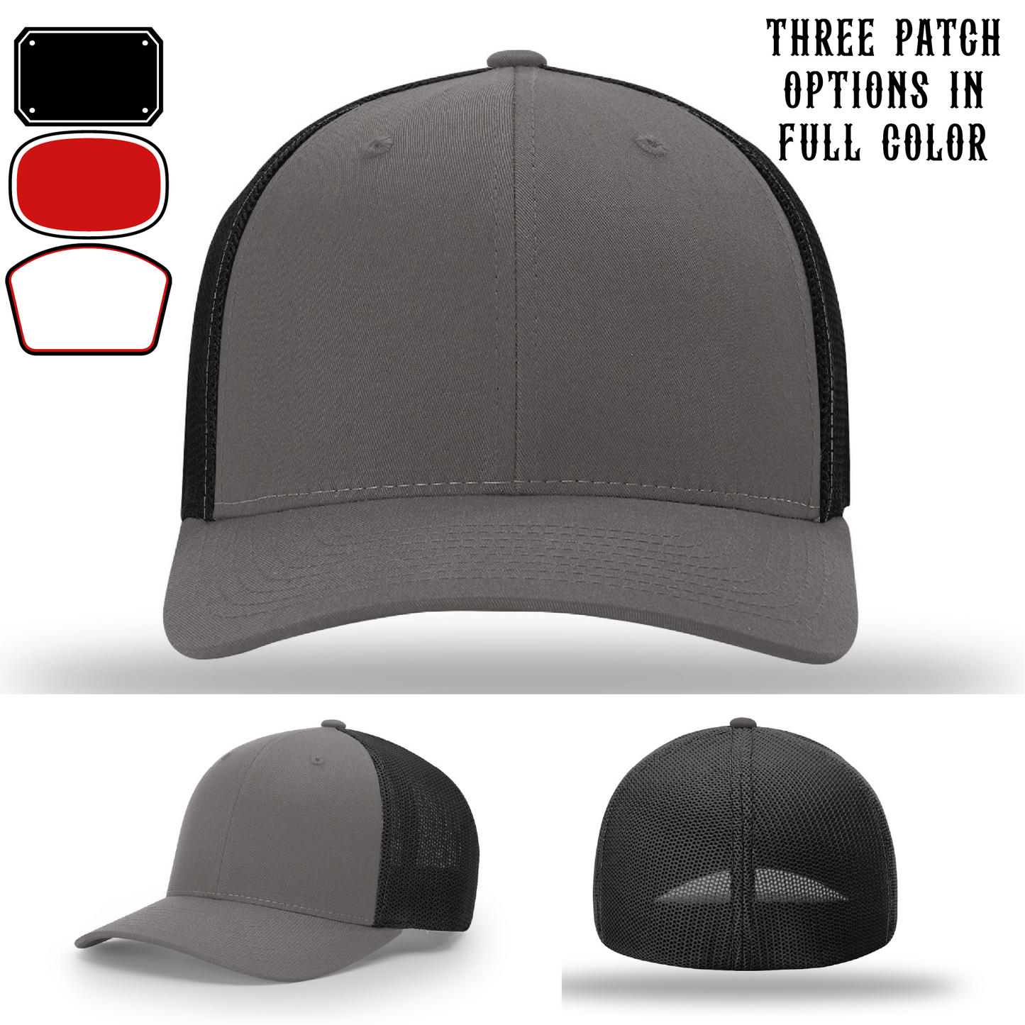 Passport-style leather patch variants shown for custom firefighter Richardson hats – variant shapes available for passport patch customization.