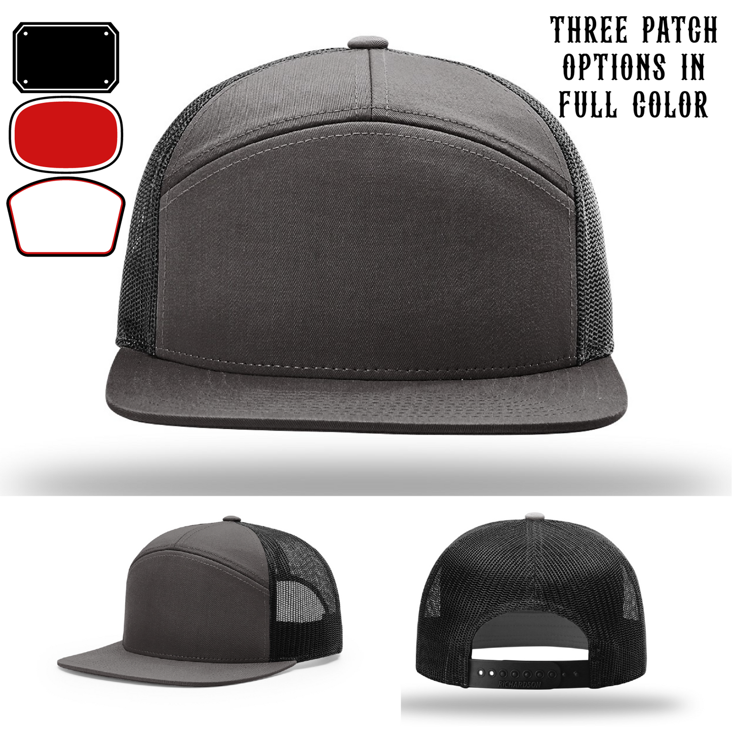 Passport-style leather patch variants shown for custom firefighter Richardson hats – patch preview image for multi-style firefighter gear.