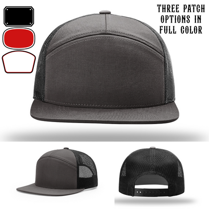 Passport-style leather patch variants shown for custom firefighter Richardson hats – patch preview image for multi-style firefighter gear.
