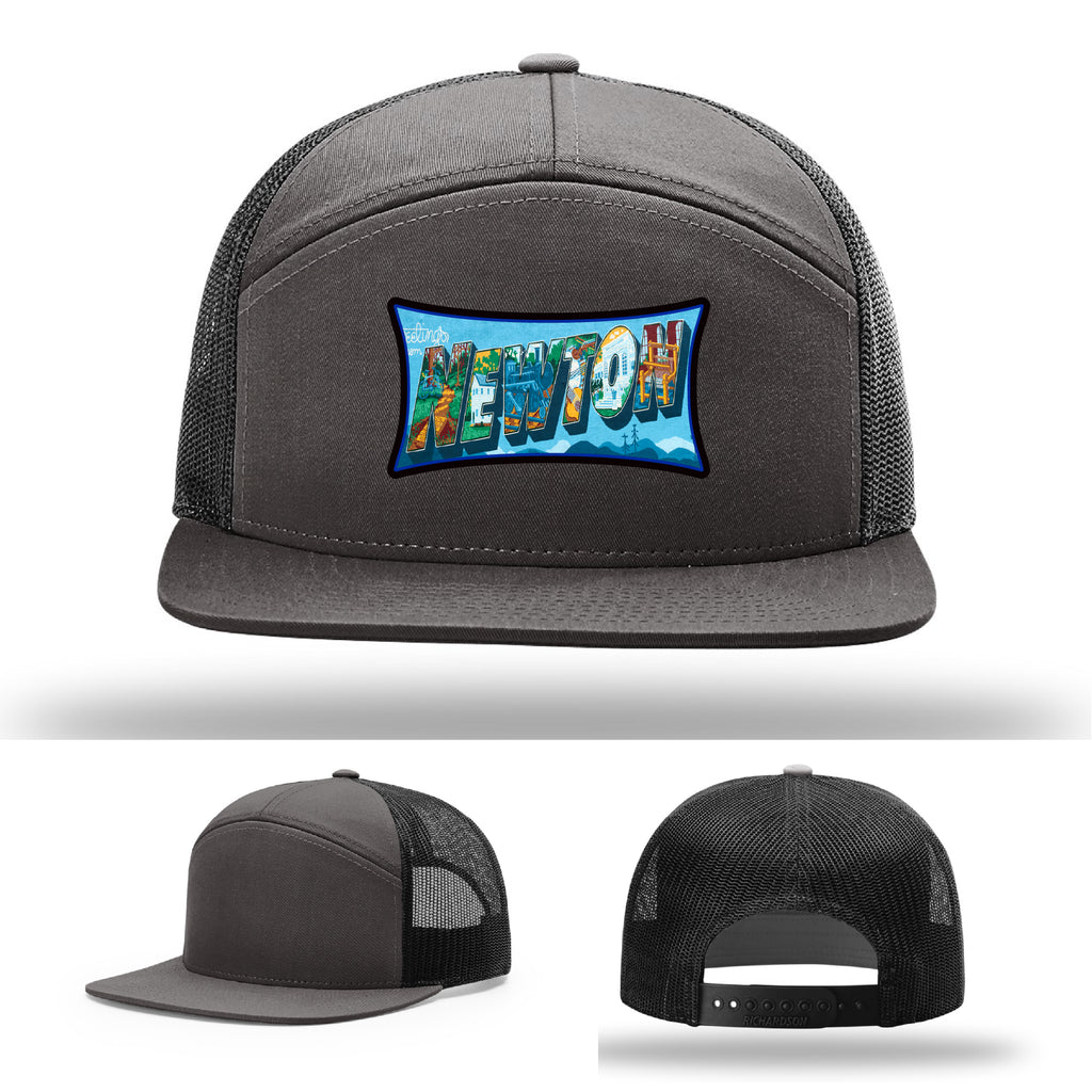 Richardson hat with leather patch featuring Newton NC mural artwork from downtown.
